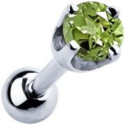 14k white gold 2mm peridot cartilage stud with lime green stone in high-set four-prong basket setting