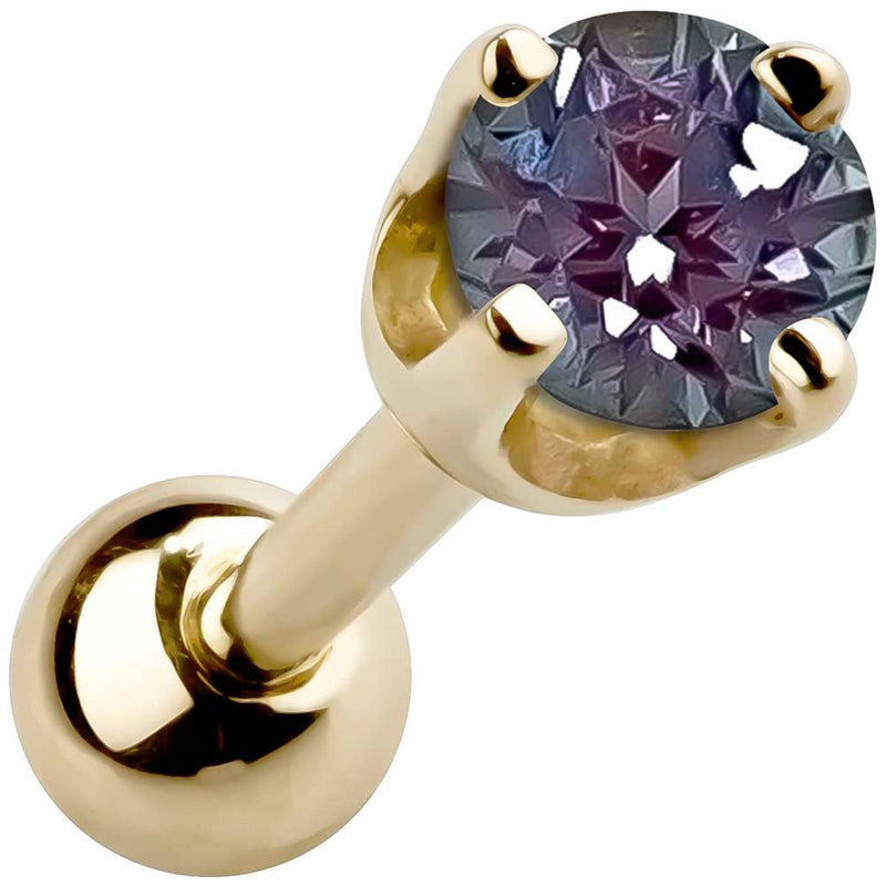 14k yellow gold 2mm color-shift gemstone cartilage stud with purple-gray stone in high-set basket setting