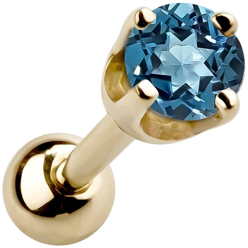 14k yellow gold 2mm topaz cartilage stud with teal blue stone in high-set four-prong basket setting