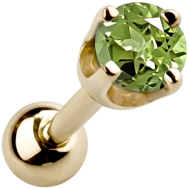 14k yellow gold 2mm peridot cartilage stud with light green stone in high-set four-prong basket setting