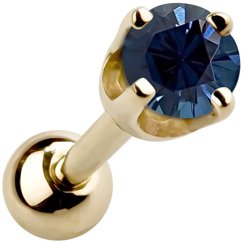14k yellow gold 2mm sapphire cartilage stud with deep blue stone in high-set four-prong basket setting