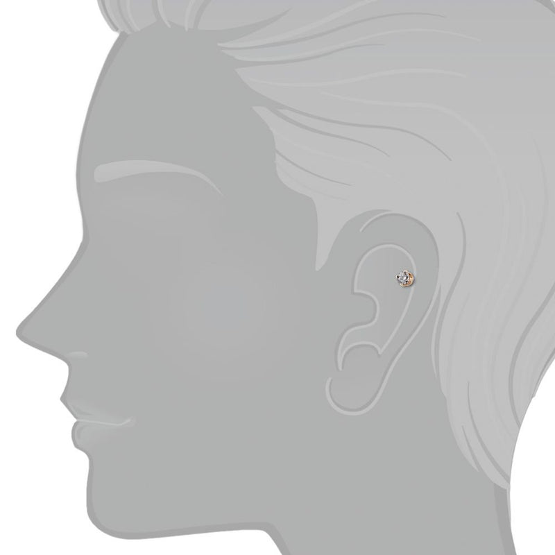 Diagram showing 14k rose gold 2mm birthstone cartilage stud placement on upper ear for size reference