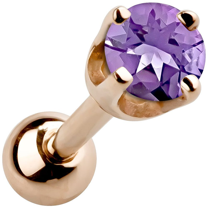 14k rose gold 2mm amethyst cartilage stud with purple stone in high-set four-prong basket setting