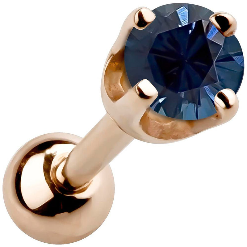 14k rose gold 2mm sapphire cartilage stud with deep navy blue stone in high-set basket prong setting