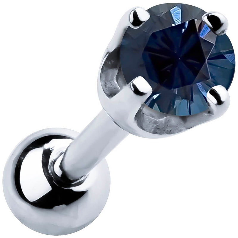14k white gold 2mm sapphire cartilage stud with dark blue stone in high-set four-prong basket setting