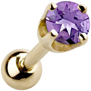 14k yellow gold 2mm amethyst cartilage stud with violet purple stone in high-set basket setting