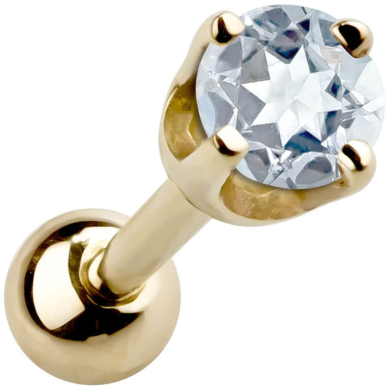 14k yellow gold 2mm aquamarine cartilage stud with light blue stone in four-prong basket setting