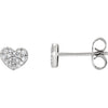 14k white gold heart stud earrings paved with diamond cluster, front and side view with butterfly backs