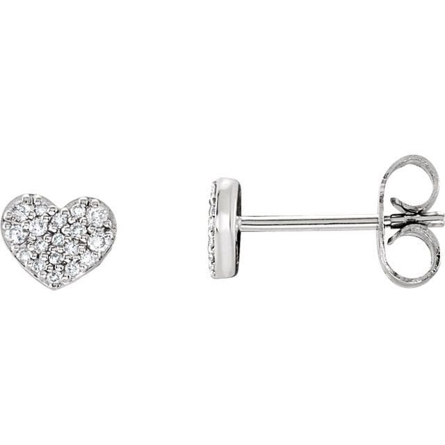 14k white gold heart stud earrings paved with diamond cluster, front and side view with butterfly backs