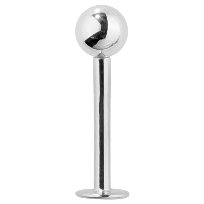 14K white gold 5mm ball flat back labret stud, front view showing polished silver-tone finish