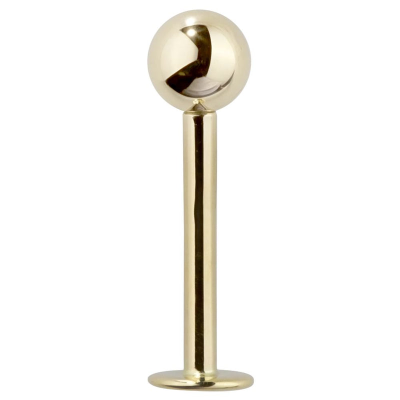 14K yellow gold 5mm ball flat back labret stud, full front view showing post and disc backing
