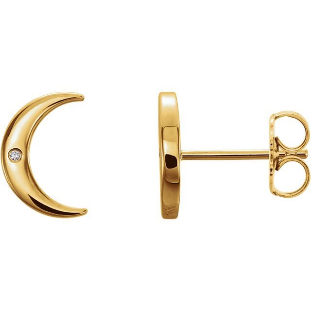 Crescent Moon with Diamond 14K Gold Earrings-14K Yellow Gold