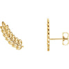14K yellow gold leaf ear climber earrings, front and side view showing post backing