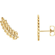 14K yellow gold leaf ear climber earrings, front and side view showing post backing