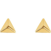 Pair of 14K yellow gold pyramid stud earrings, polished geometric 5.5mm studs shown from the front