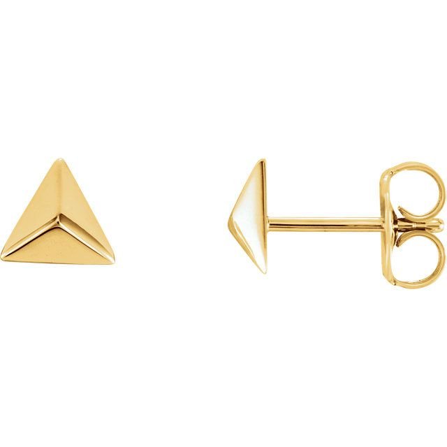 14K yellow gold pyramid stud earring front view beside side profile showing post and butterfly back