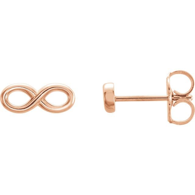 14K rose gold infinity stud earrings angled to show slim profile and butterfly push-back clasp