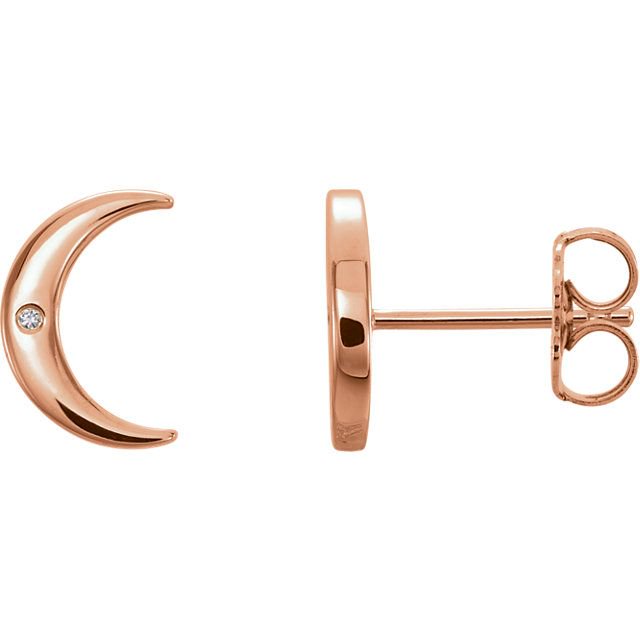 Crescent Moon with Diamond 14K Gold Earrings-14K Rose Gold