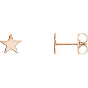 14K rose gold star stud earrings pair with warm pink-gold finish and butterfly push-back backing