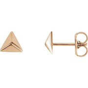 14K rose gold pyramid stud earring front view beside side profile showing post and butterfly back