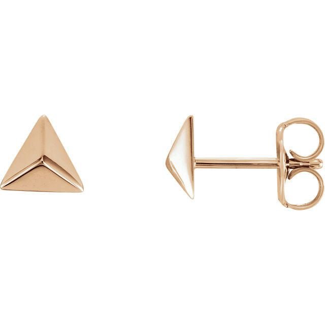 14K rose gold pyramid stud earring front view beside side profile showing post and butterfly back