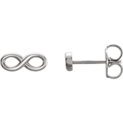 14K white gold infinity stud earrings angled to show slim profile and butterfly push-back clasp