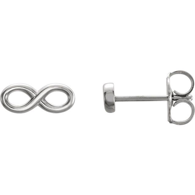 14K white gold infinity stud earrings angled to show slim profile and butterfly push-back clasp