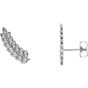 14K white gold leaf ear climber earrings, front and side profile showing post and clutch