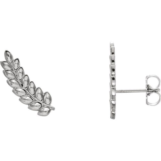 14K white gold leaf ear climber earrings, front and side profile showing post and clutch