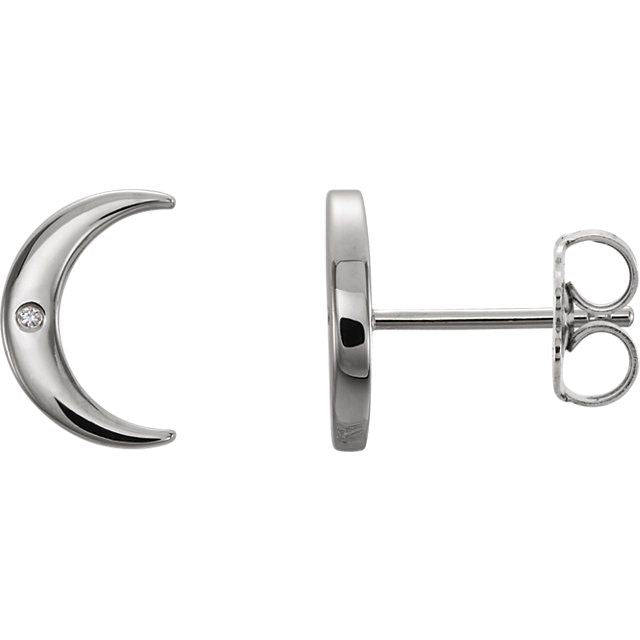 Crescent Moon with Diamond 14K Gold Earrings-14K White Gold