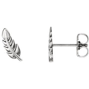 14k white gold feather stud earring front and side view showing post and butterfly backing detail