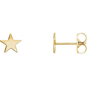 14K yellow gold star stud earrings pair shown front and back with butterfly push-back closure