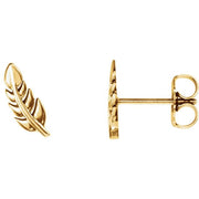 14k yellow gold feather stud earring front and side view showing post and butterfly backing detail