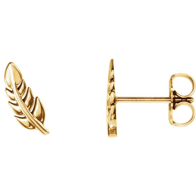 14k yellow gold feather stud earring front and side view showing post and butterfly backing detail