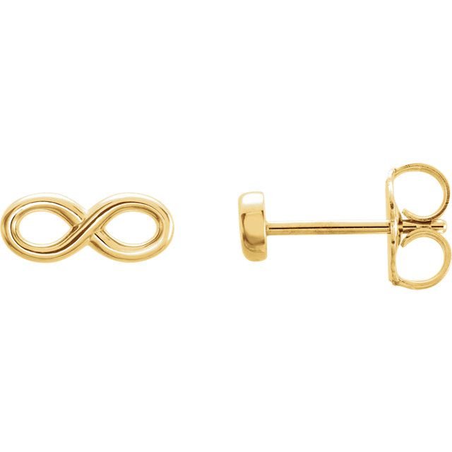 14K yellow gold infinity stud earrings angled to show slim profile and butterfly push-back clasp