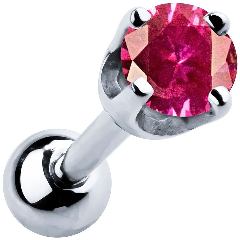 14k white gold 2mm garnet cartilage stud with bright pink-red stone in high-set four-prong basket setting