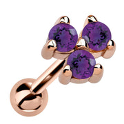14k rose gold triple amethyst cartilage earring with deep purple stones in triangle cluster, angled view