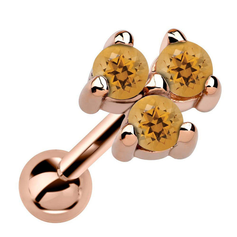 14k rose gold triple citrine cartilage earring with warm golden stones in triangle cluster, angled view