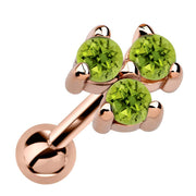 14k rose gold triple peridot cartilage stud with three bright green stones in prong cluster, angled view
