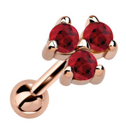 14k rose gold triple ruby cartilage stud with three vivid red stones in prong cluster setting, angled view
