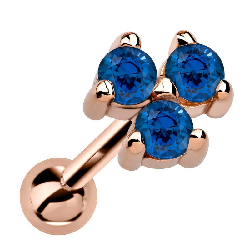 14k rose gold triple sapphire cartilage earring with vivid blue stones in triangle cluster, angled view