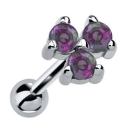 14k white gold triple alexandrite-style purple stone cartilage earring with color-shift gems, angled view