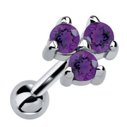 14k white gold triple amethyst cartilage stud with deep purple stones in triangle cluster, angled view