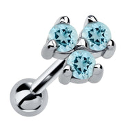 14k white gold triple aquamarine cartilage earring with pale blue stones in prong cluster, angled view