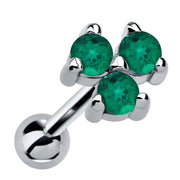 14k white gold triple emerald cartilage stud with three vivid green stones in triangle cluster, angled view