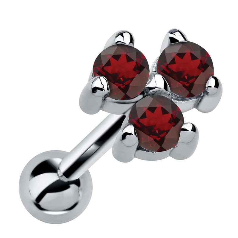 14k white gold triple garnet cartilage earring with deep red stones in prong cluster, angled view