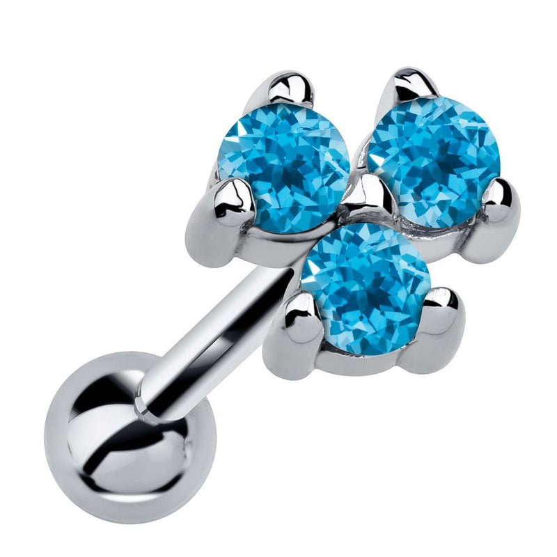 14k white gold triple blue topaz cartilage earring with bright teal stones in prong cluster, angled view