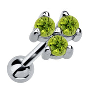 14k white gold triple peridot cartilage stud with three lime green stones in triangle cluster, angled view