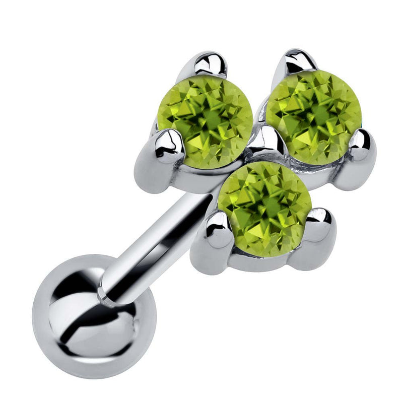 14k white gold triple peridot cartilage stud with three lime green stones in triangle cluster, angled view
