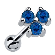 14k white gold triple sapphire cartilage earring with rich blue stones in prong cluster, angled view